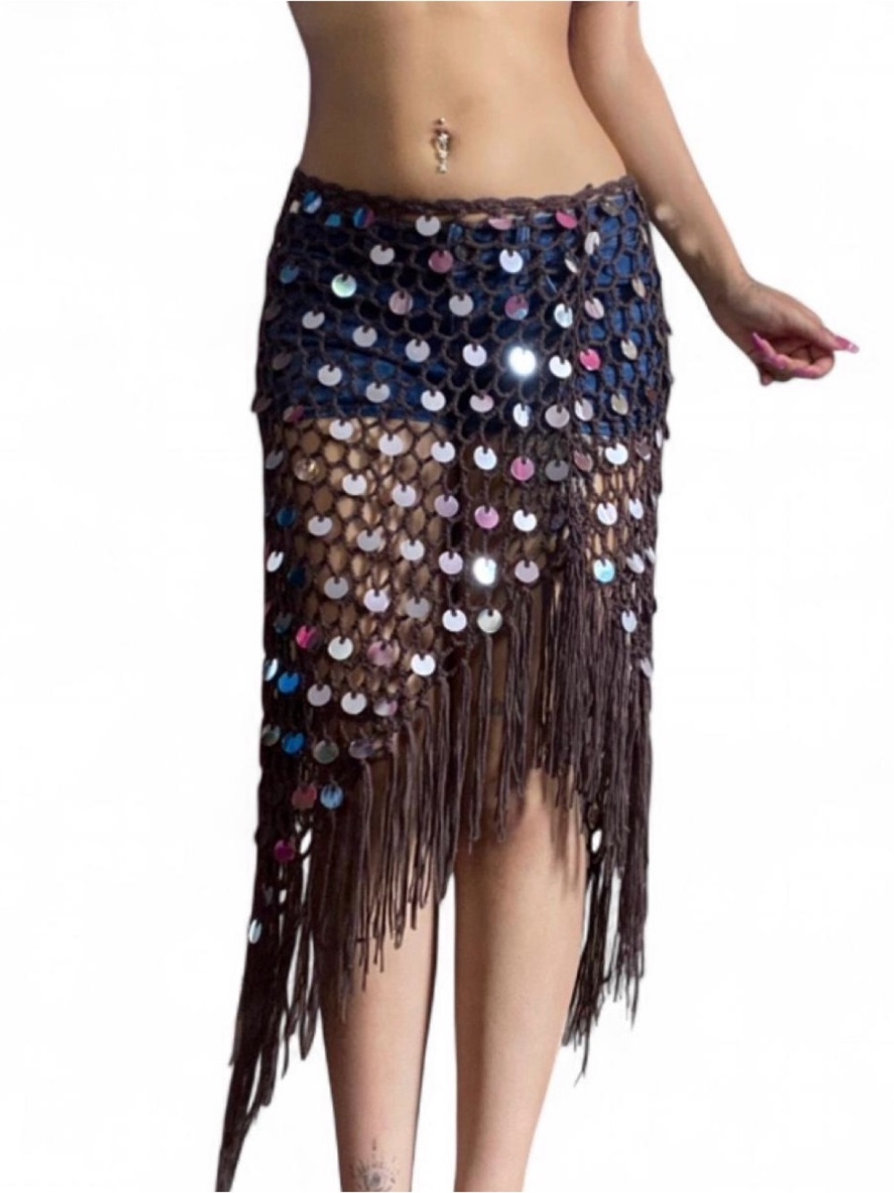 VIVID New York Brown Crochet Sequin Overlay/Swim Coverup - Picture 3 of 8